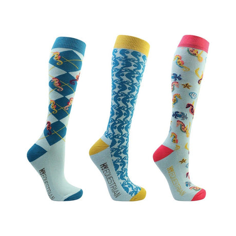 Hy Equestrian Shanti Seahorse Socks Pack of 3 #colour_light-blue-blue