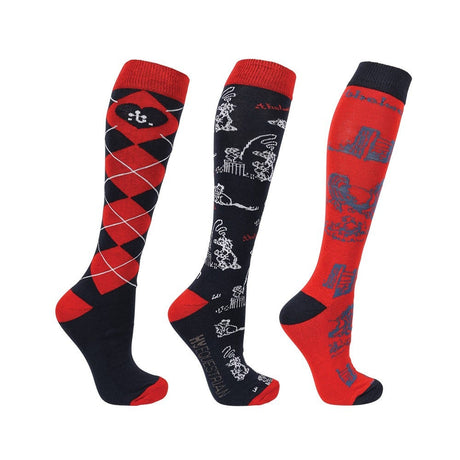 Hy Equestrian Thelwell Collection Practice Makes Perfect Socks Pack of 3 #colour_red-navy